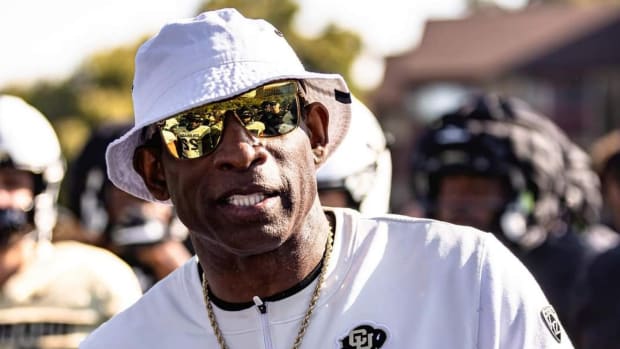 Deion Sanders talking to his players at Colorado's Fall Camp